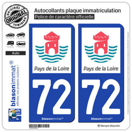 2 Autocollants plaque immatriculation Auto 72 Pays de la Loire - Tourisme