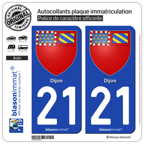 2 Autocollants plaque immatriculation Auto 21 Dijon - Armoiries