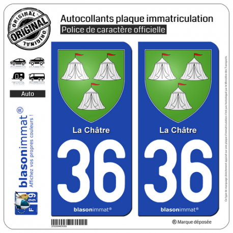 2 Autocollants plaque immatriculation Auto 36 La Châtre - Armoiries