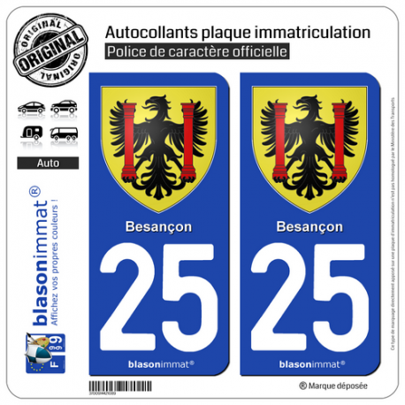 2 Autocollants plaque immatriculation Auto 25 Besançon - Armoiries