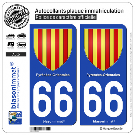 2 Autocollants plaque immatriculation Auto 66 Pyrénées-Orientales - Armoiries