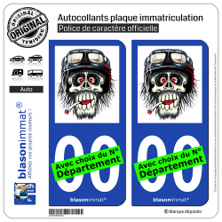 2 Autocollants plaque immatriculation Auto Motard - Zombie Casqué et Clopé