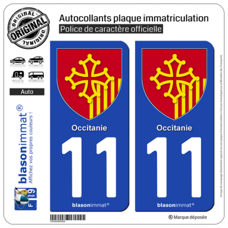 2 Autocollants plaque immatriculation Auto 11 Occitanie - Armoiries