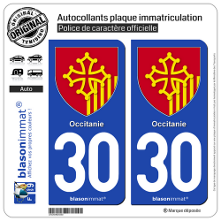 2 Autocollants plaque immatriculation Auto 30 Occitanie - Armoiries