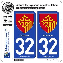2 Autocollants plaque immatriculation Auto 32 Occitanie - Armoiries