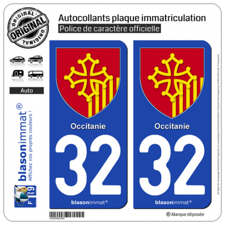 2 Autocollants plaque imatriculation Auto 32 Occitanie - Armoiries