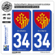 2 Autocollants plaque immatriculation Auto 34 Occitanie - Armoiries