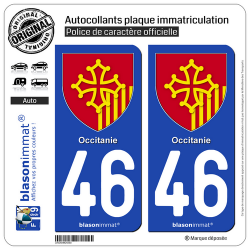 2 Autocollants plaque immatriculation Auto 46 Occitanie - Armoiries