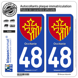 2 Autocollants plaque immatriculation Auto 48 Occitanie - Armoiries