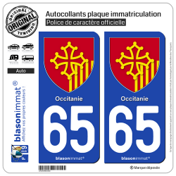 2 Autocollants plaque immatriculation Auto 65 Occitanie - Armoiries