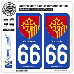 2 Autocollants plaque immatriculation Auto 66 Occitanie - Armoiries