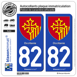 2 Autocollants plaque immatriculation Auto 82 Occitanie - Armoiries
