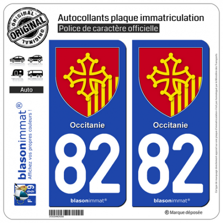 2 Autocollants plaque immatriculation Auto 82 Occitanie - Armoiries