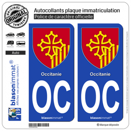 2 Autocollants plaque immatriculation Auto OC Occitanie - Armoiries