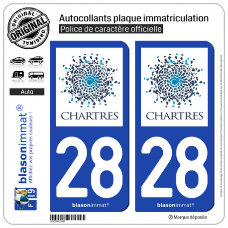 2 Autocollants plaque immatriculation Auto 28 Chartres - Ville