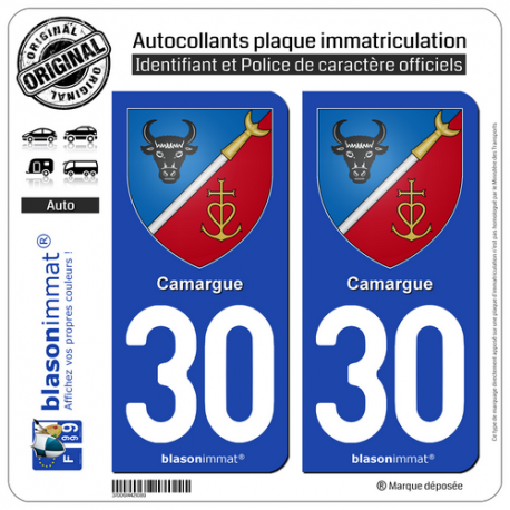 2 Autocollants plaque immatriculation Auto 30 Camargue - Armoiries