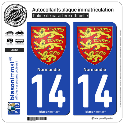 2 Autocollants plaque immatriculation Auto 14 Normandie - Les 3 Léopards
