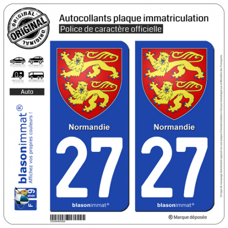 2 Autocollants plaque immatriculation Auto 27 Normandie - Armoiries