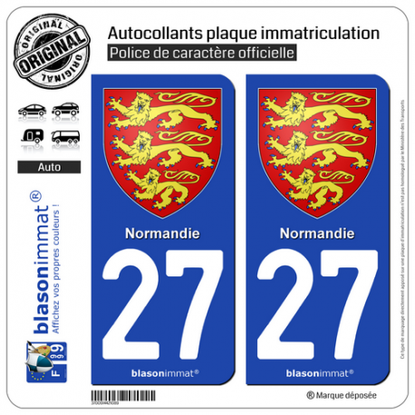 2 Autocollants plaque immatriculation Auto 27 Normandie - Les 3 Léopards