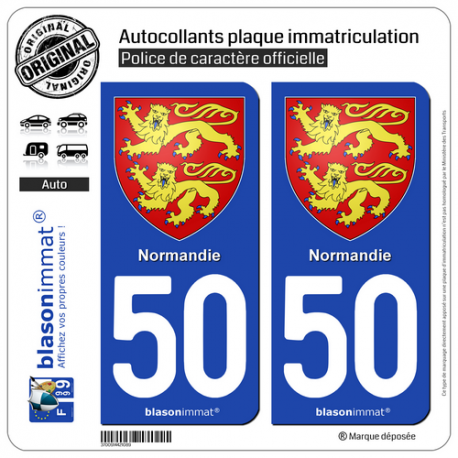 2 Autocollants plaque immatriculation Auto 50 Normandie - Armoiries