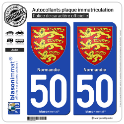 2 Autocollants plaque immatriculation Auto 50 Normandie - Les 3 Léopards