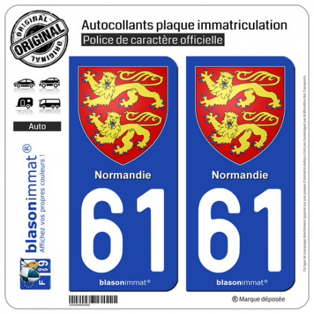 2 Autocollants plaque immatriculation Auto 61 Normandie - Armoiries