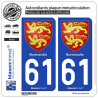 2 Autocollants plaque immatriculation Auto 61 Normandie - Armoiries