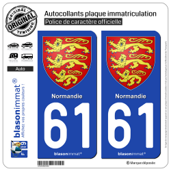 2 Autocollants plaque immatriculation Auto 61 Normandie - Les 3 Léopards