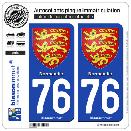2 Autocollants plaque immatriculation Auto 76 Normandie - Les 3 Léopards