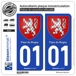 2 Autocollants plaque immatriculation Auto 01 Pays du Bugey - Armoiries