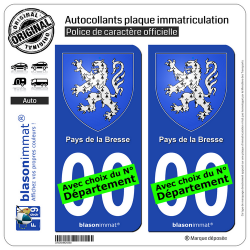 2 Autocollants plaque immatriculation Auto Pays de la Bresse - Armoiries