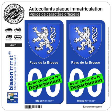 2 Autocollants plaque immatriculation Auto Pays de la Bresse - Armoiries