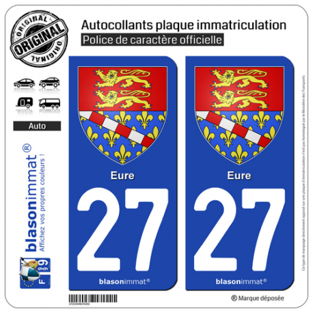 2 Autocollants plaque immatriculation Auto 27 Eure - Armoiries