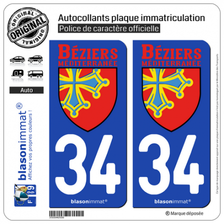 2 Autocollants plaque immatriculation Auto 34 Béziers - Agglo