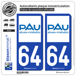 2 Autocollants plaque immatriculation Auto 64 Pau - Ville