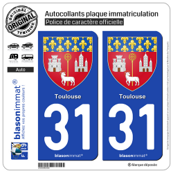 2 Autocollants plaque immatriculation Auto 31 Toulouse - Armoiries