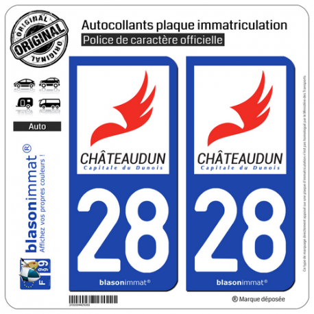 2 Autocollants plaque immatriculation Auto 28 Châteaudun - Ville