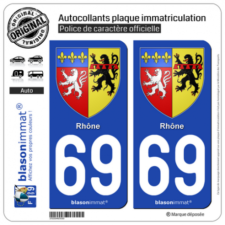 2 Autocollants plaque immatriculation Auto 69 Rhône - Armoiries