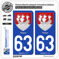 2 Autocollants plaque immatriculation Auto 63 Thiers - Armoiries
