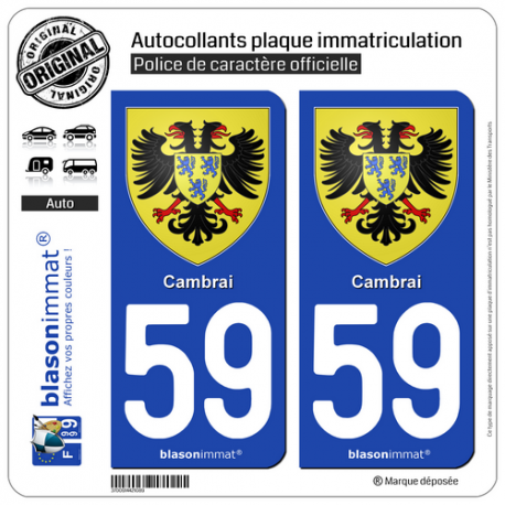 2 Autocollants plaque immatriculation Auto 59 Cambrai - Armoiries