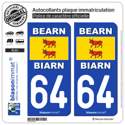 2 Autocollants plaque immatriculation Auto 64 Bearn Drapeau