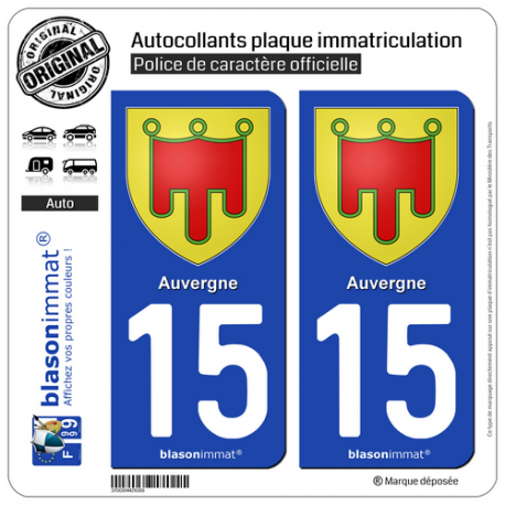 2 Autocollants plaque immatriculation Auto 15 Auvergne - Armoiries