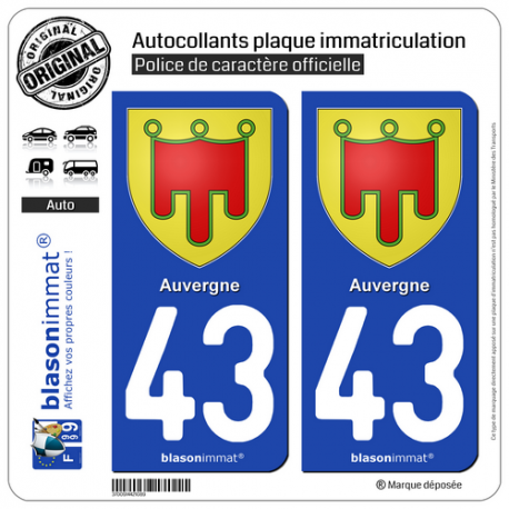 2 Autocollants plaque immatriculation Auto 43 Auvergne - Armoiries