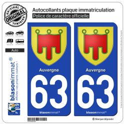 2 Autocollants plaque immatriculation Auto 63 Auvergne - Armoiries