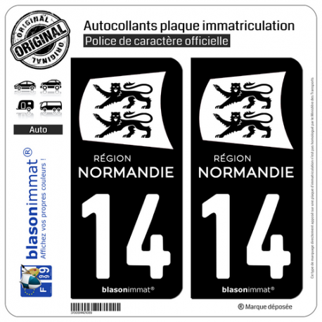 2 Autocollants plaque immatriculation Auto 14 Normandie - LogoType Black