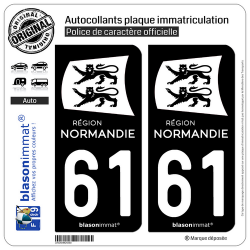 2 Autocollants plaque immatriculation Auto 61 Normandie - LogoType Black