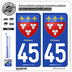 2 Autocollants plaque immatriculation Auto 45 Orléans - Armoiries