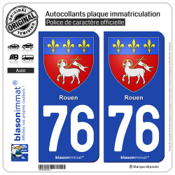 2 Autocollants plaque immatriculation Auto 76 Rouen - Armoiries