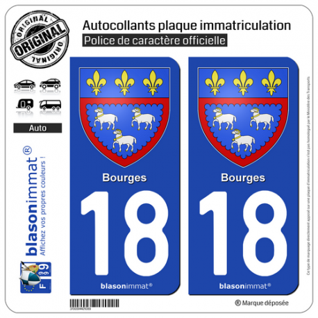 2 Autocollants plaque immatriculation Auto 18 Bourges - Armoiries