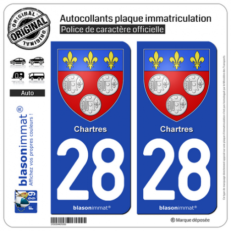 2 Autocollants plaque immatriculation Auto 28 Chartres - Armoiries